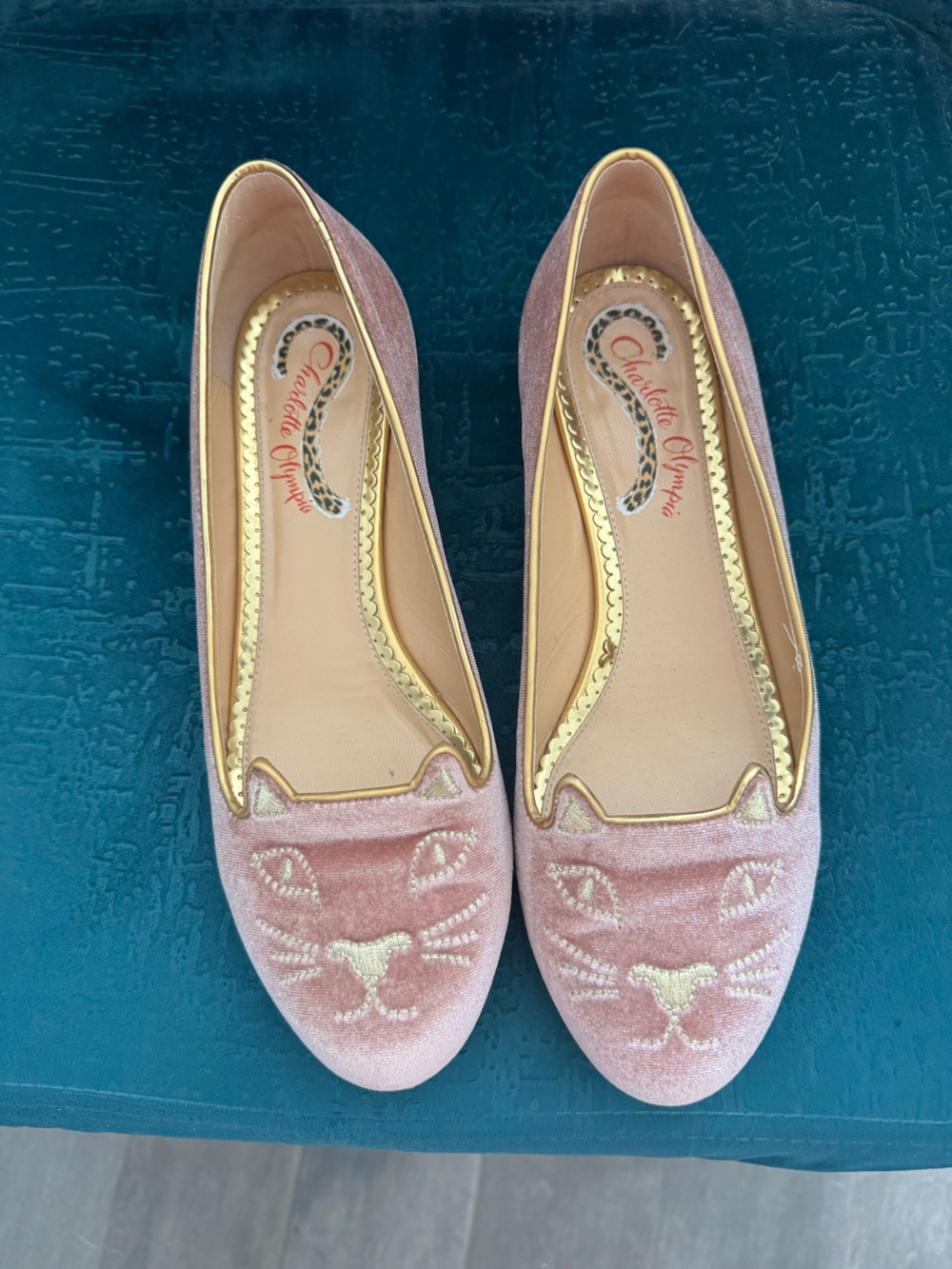 Charlotte Olympia Pink Velvet Cat Face Loafers with Gold Trim